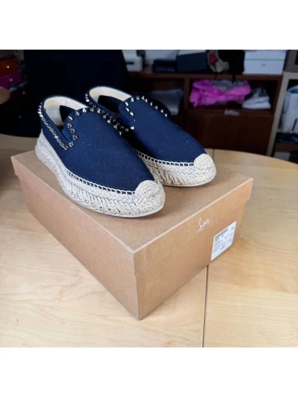 Christian Louboutin Espaboat Obscur Black Espadrille Spiked Shoes EU 42 US 12